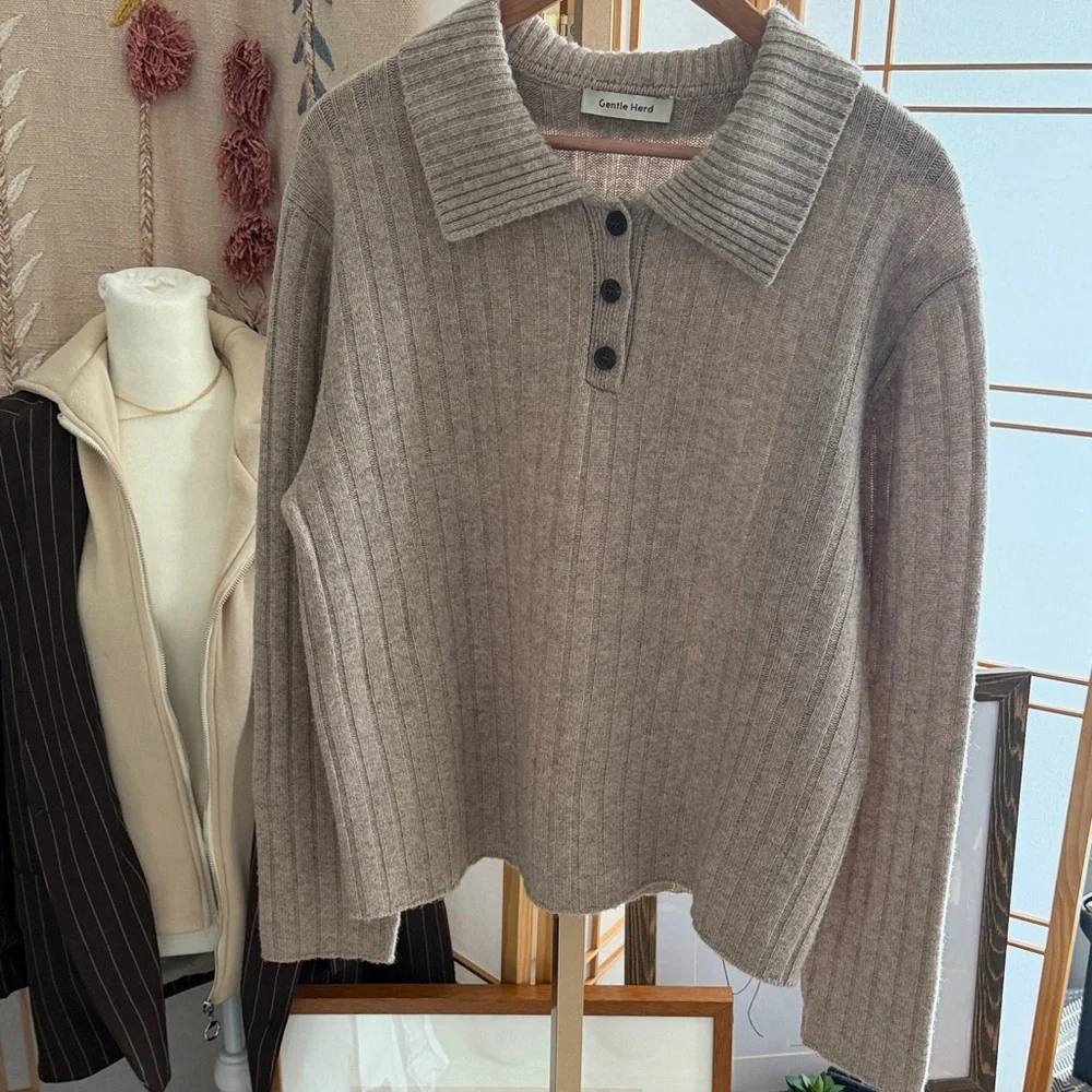 Gentle Herd Ribbed Collared Sweater Taupe Wool Blend Pullover Size L - Picture 1 of 14
